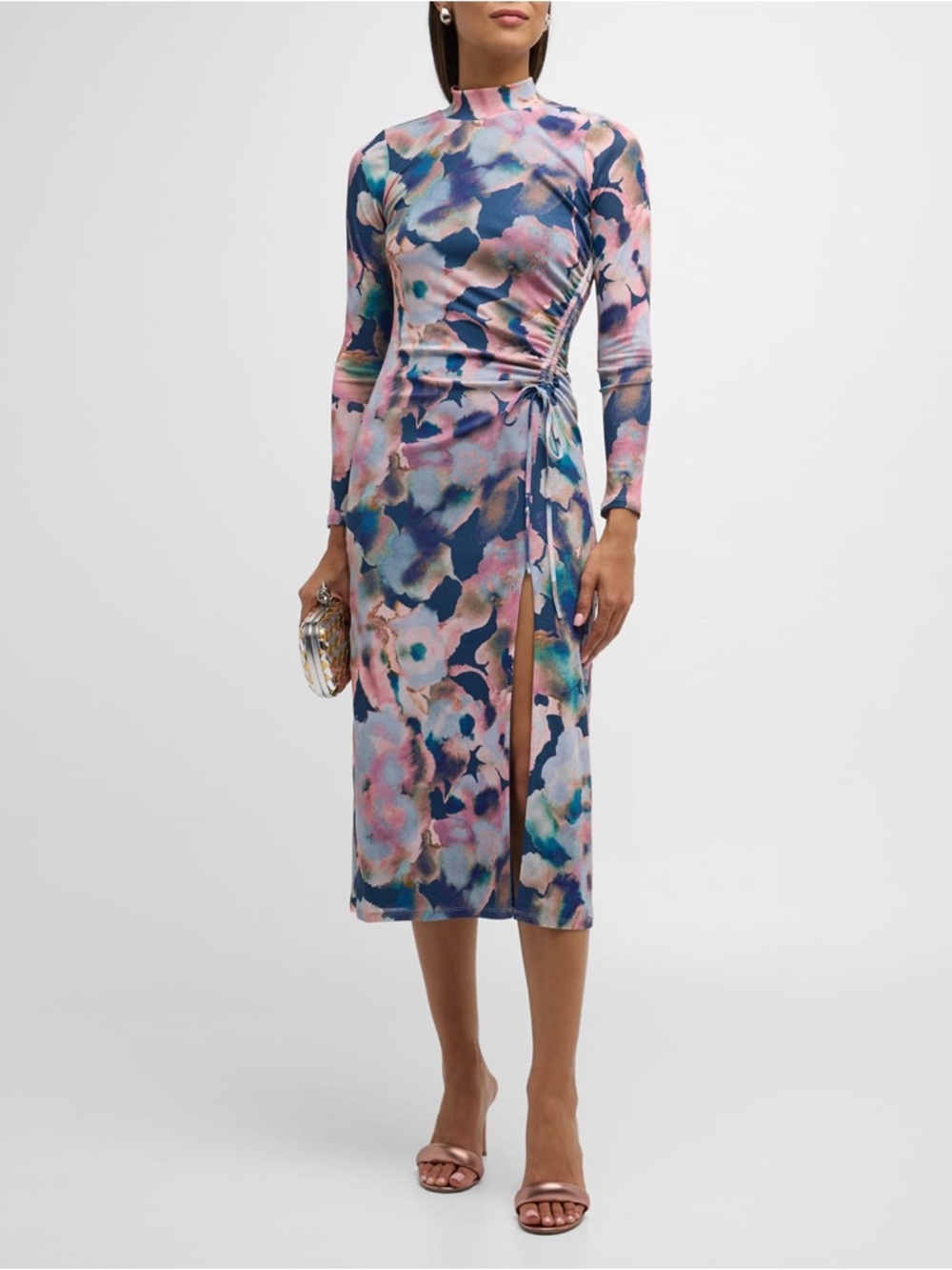 Rails Pink & Navy Watercolor Floral Midi Dress with Side Tie